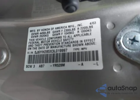 2003 Honda Element Ex из США, поврежденный, VIN 5J6YH285X3L019997
